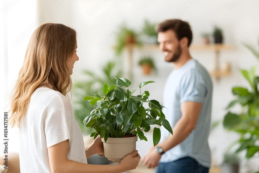 Young Couple Decorating Their New Living Room with Lush Houseplants in Natural Light Young Couple Decorating Their New Living Room with Lush Houseplants in Natural Light