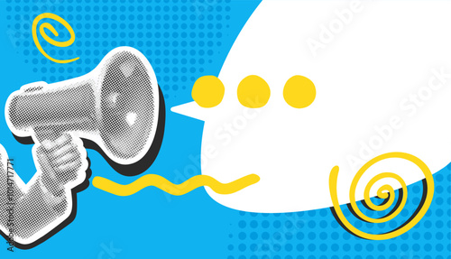 Pop-art banner template with speech bubble and halftone megaphone in hand