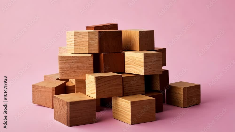 A pile of wooden blocks rests on a pink surface A pile of wooden blocks rests on a pink surface