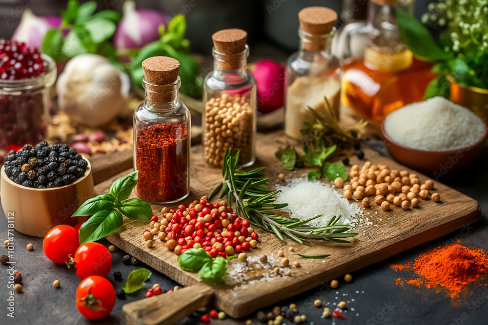 An array of spices and herbs is spread across a wooden cutting board, surrounded by fresh vegetables and condiments in a homey kitchen atmosphere filled with natural light An array of spices and herbs is spread across a wooden cutting board, surrounded by fresh vegetables and condiments in a homey kitchen atmosphere filled with natural light