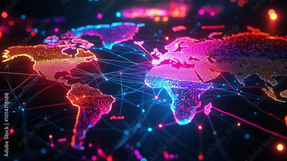 Abstract world map showcasing global connectivity and data flow with ...