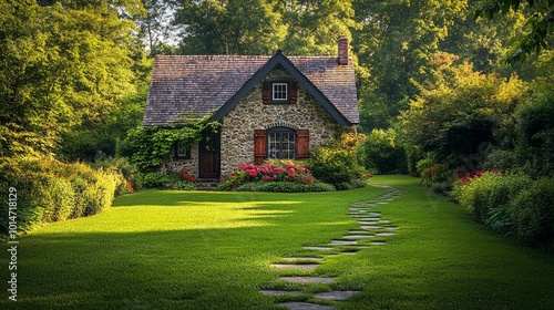 Charming stone cottage surrounded by a lush garden in the heart of nature during sunny daylight