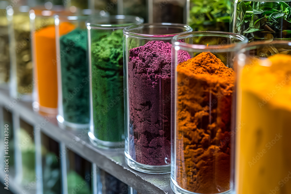 A variety of spices are neatly displayed in transparent glass containers at a bustling market, highlighting their vivid colors and unique textures under bright afternoon sunlight A variety of spices are neatly displayed in transparent glass containers at a bustling market, highlighting their vivid colors and unique textures under bright afternoon sunlight