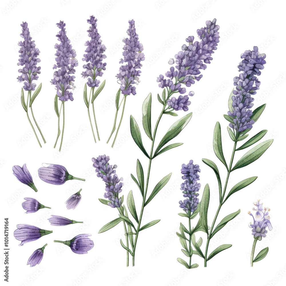 Obraz premium Botanical of Lavender Flowers and Leaves Arrangement
