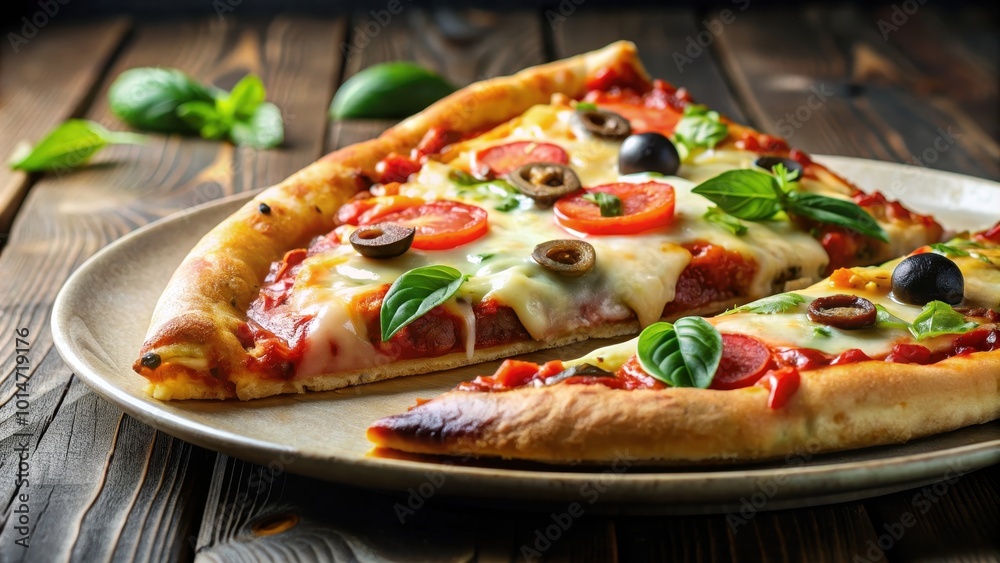 Close-up of a mouthwatering pizza slice with melted cheese and toppings on a plate, ready to be enjoyed, pizza Close-up of a mouthwatering pizza slice with melted cheese and toppings on a plate, ready to be enjoyed, pizza