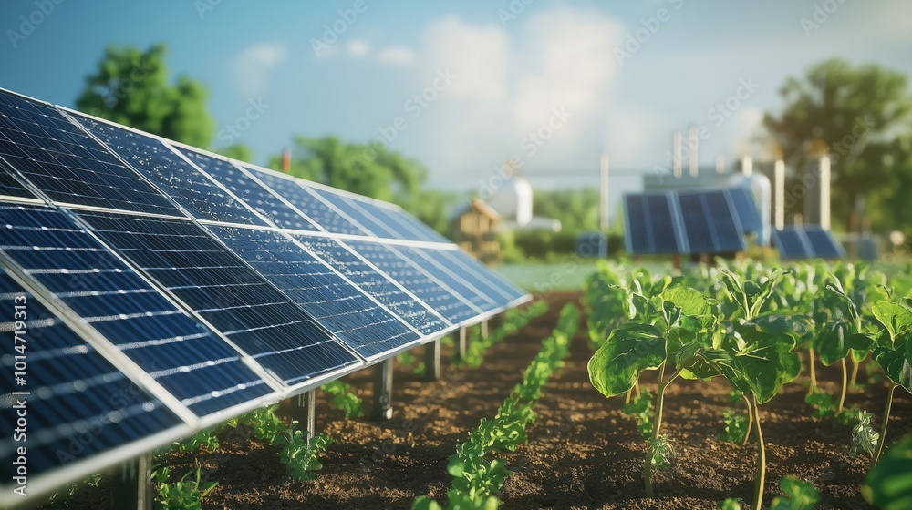 Fototapeta premium Solar panels installed in agricultural field for sustainable energy generation, supporting eco-friendly farming practices.