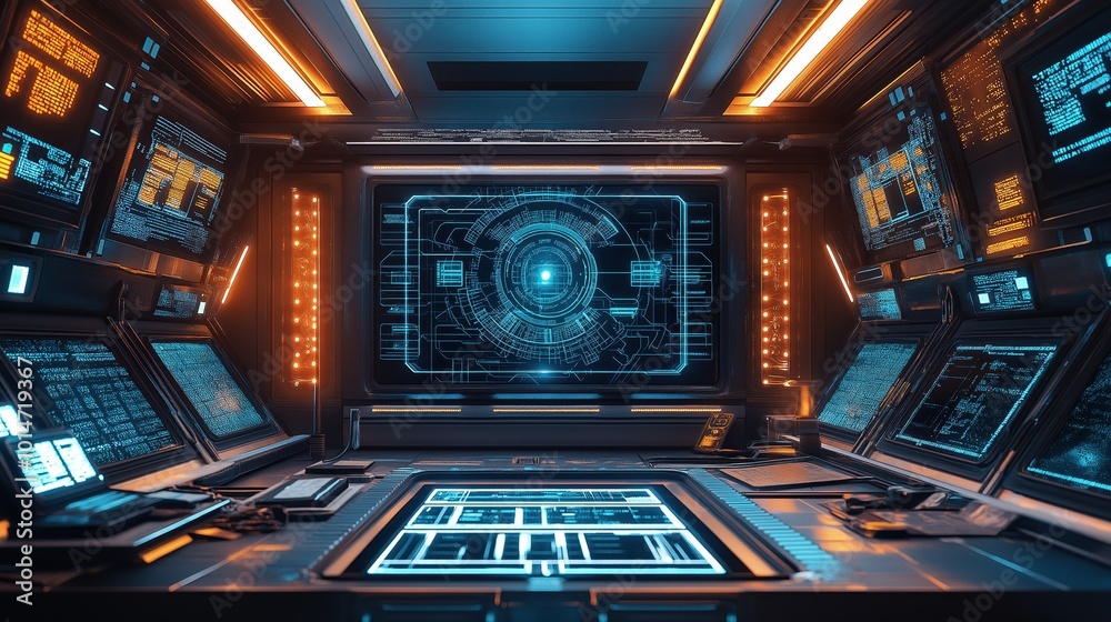 Obraz premium Control room with holographic digital interface, numerous screens, and a central display showcasing futuristic UI design, perfect for sci-fi technology concepts.
