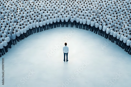 Lone Individual Defying Conformist Crowd with Bold Determination photo