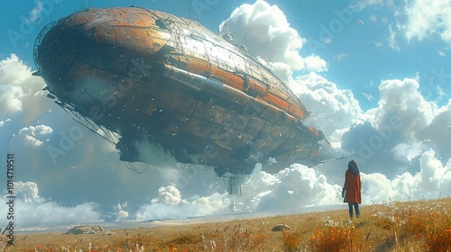 A Woman Gazes Up at a Giant Airship in a Dreamy Landscape photo