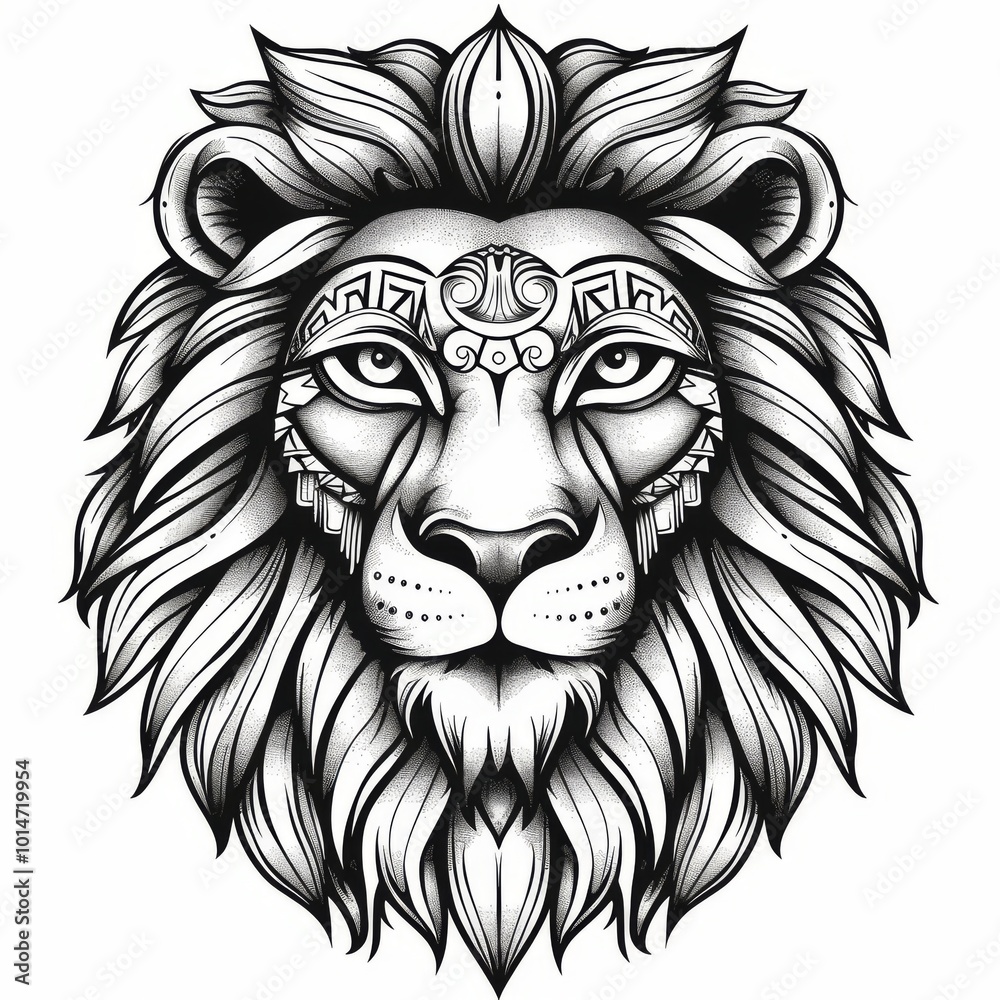 Fototapeta premium Lion head with tribal ornaments in simple line drawing.
