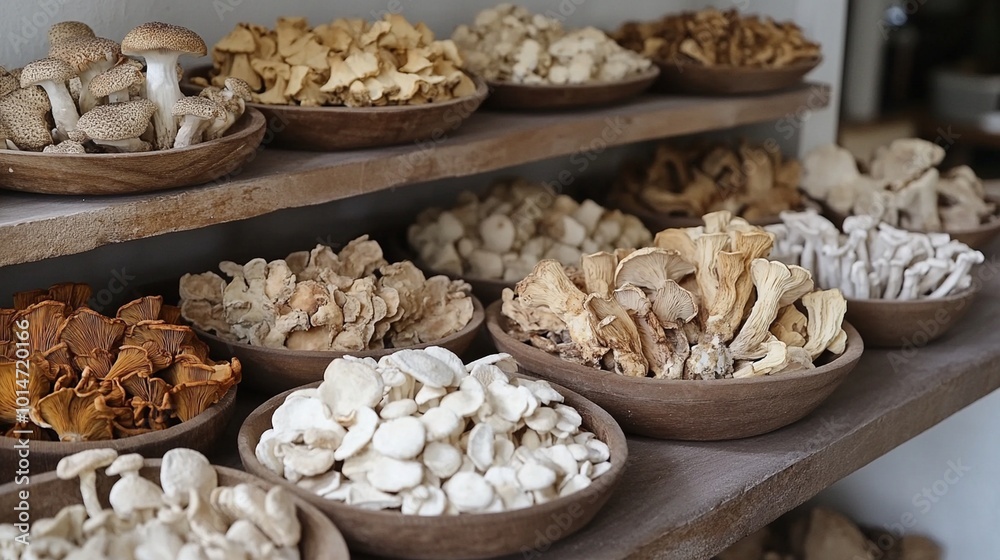 Bowls filled with an assortment of dried medicinal mushrooms, emphasizing their different varieties and colors. Bowls filled with an assortment of dried medicinal mushrooms, emphasizing their different varieties and colors.