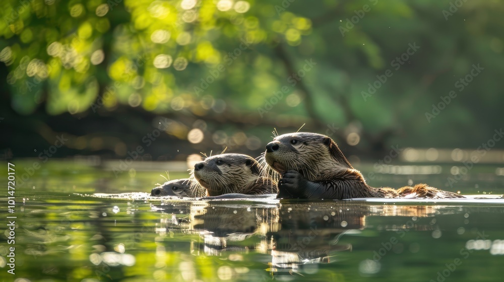 Fototapeta premium Playful Otter Family Floating in Sunlit River for Tranquil Nature Scene