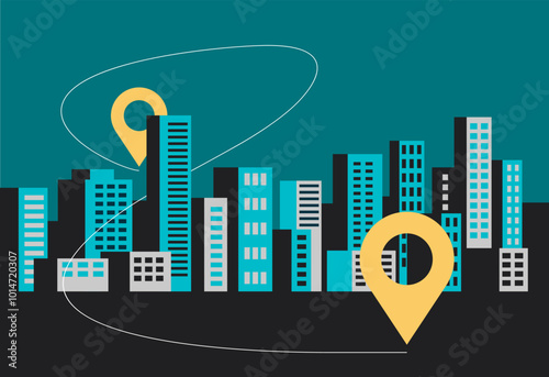 Cityscape panorama in simple style with location pins