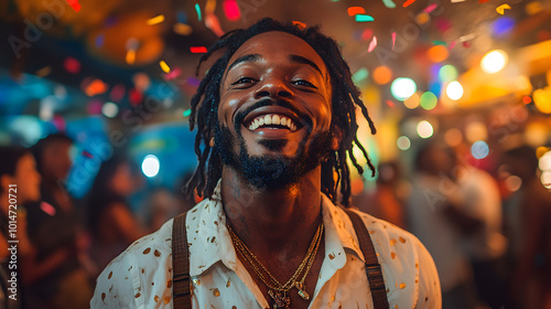 A cinematic shot of an excited Black man with dreadlocks, smiling joyfully while standing in a bright outdoor setting. 