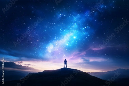 A person silhouetted against a breathtaking night sky filled with shimmering stars galaxies and celestial wonders symbolizing the boundless potential and beauty of their dreams and