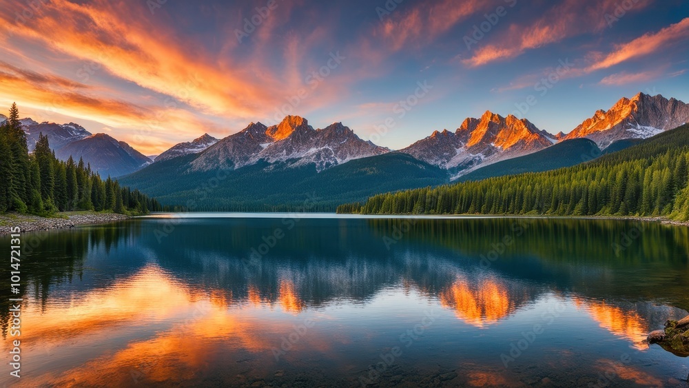 A serene lake reflecting majestic mountains at sunset, showcasing nature's beauty. A serene lake reflecting majestic mountains at sunset, showcasing nature's beauty.