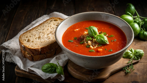 tomato soup in a bowl on a wooden table with bread photo