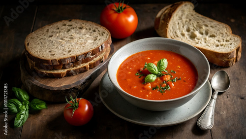 tomato soup with balil garnish in a rustic bowl on a wooden table with bread