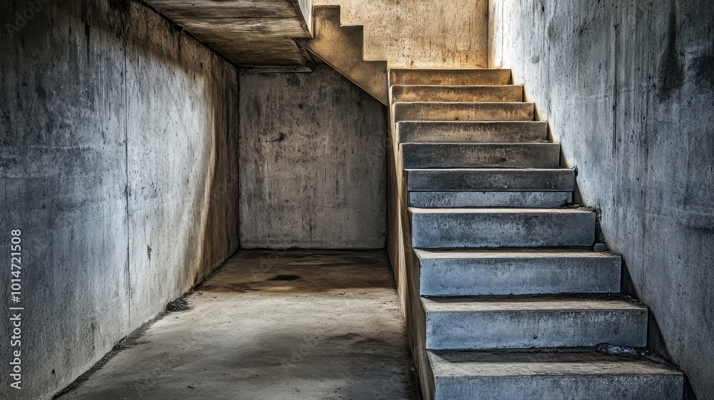 Empty, dusty basement in an old, forgotten factory with concrete walls and a rickety wooden staircase, low light casting shadows in the corners. Empty, dusty basement in an old, forgotten factory with concrete walls and a rickety wooden staircase, low light casting shadows in the corners.