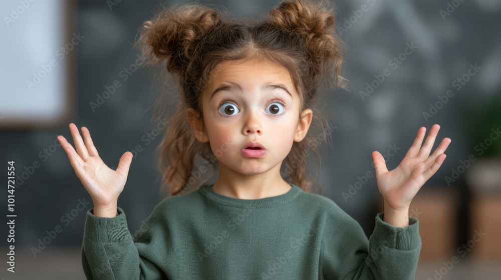 A young girl expresses confusion with raised hands in a casual setting, showcasing her innocent demeanor while pondering the unknown A young girl expresses confusion with raised hands in a casual setting, showcasing her innocent demeanor while pondering the unknown