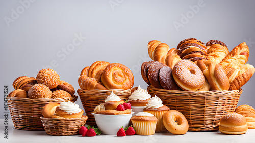 Delicious Pastries and Cakes in Vase Basket on Crisp White Background photo