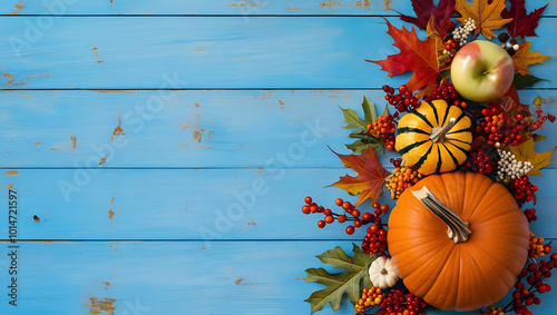 halloween background with pumpkins on blue wooedn background with copy-space, autumn leaves, fall photo