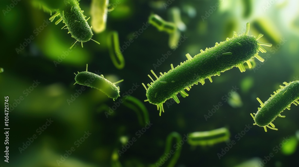 Naklejka premium Microscopic view of green bacteria with a detailed surface structure in a fluid environment.