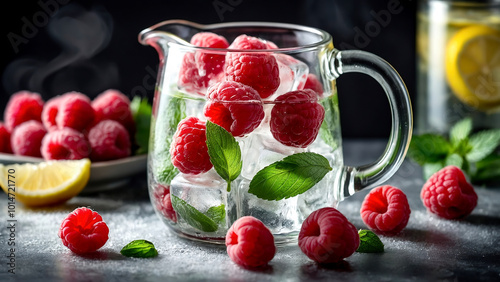 raspberries and ice cubes in a glass carafe filled with sparkling water and raspberries in the foreground