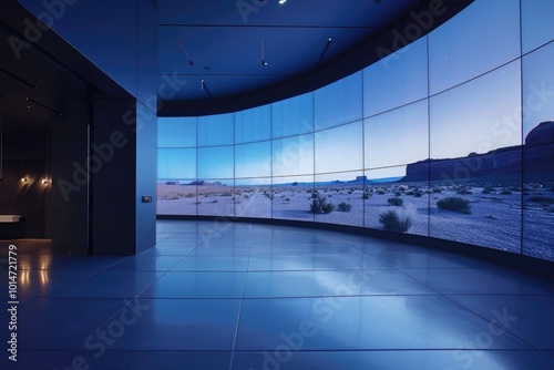 A large, curved LED screen adorns the wall of an empty room, with a dark blue background and a desert landscape visible through the window