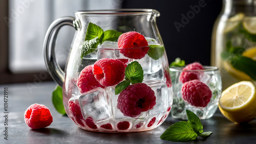 Raspberries and ice cubes in a glass carafe filled with sparkling water