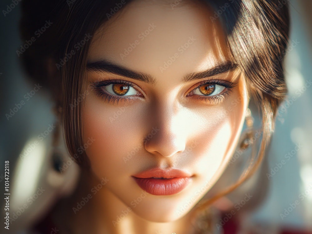 Captivating gaze of a young woman illuminated by soft sunlight in an artistic portrait