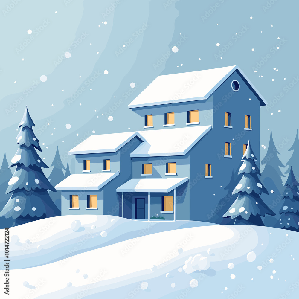 Snowy hotel in winter landscape with glowing windows Snowy hotel in winter landscape with glowing windows