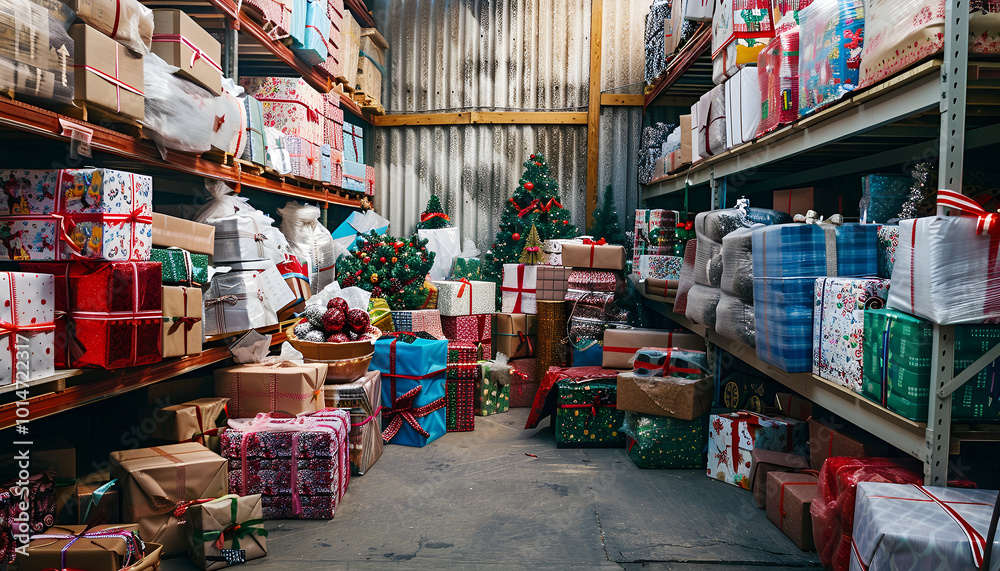 Fototapeta premium Chaotic warehouse filled with stacks of christmas gifts and presents. Festive storage