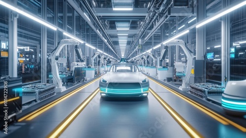 High-tech car production facility with autonomous robots working on vehicle assembly, large industrial hall with a streamlined process.