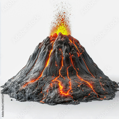 A volcano eruption with hot lava flowing out of the crater, on a white background photo