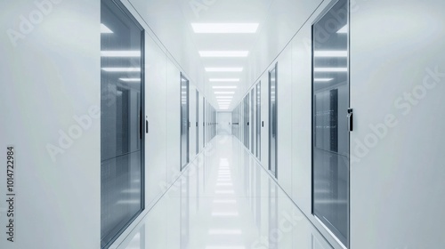 High-tech data center with white walls and floors, rows of sleek server racks, modern and minimalist, clean technology space.