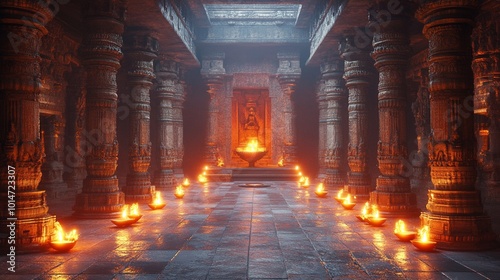 Warm candlelight fills the interior of an ancient Hindu temple, creating a festive atmosphere for Diwali.