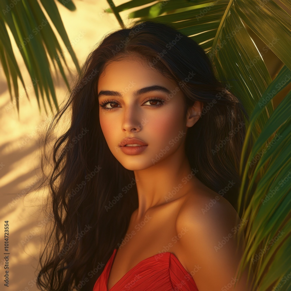 Enchanting portrait of a woman in a vibrant red dress surrounded by tropical foliage at sunset Enchanting portrait of a woman in a vibrant red dress surrounded by tropical foliage at sunset