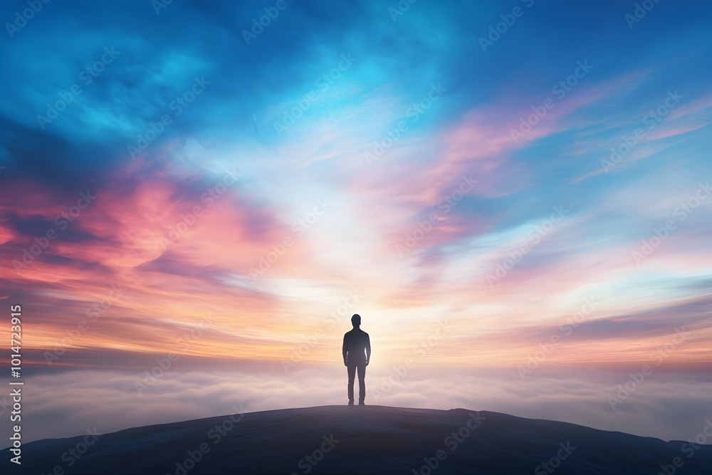 A lone figure standing on the edge of a vast open landscape their gaze fixed on the shimmering horizon representing the boundless potential of the future and the power to overcome the doubts of today A lone figure standing on the edge of a vast open landscape their gaze fixed on the shimmering horizon representing the boundless potential of the future and the power to overcome the doubts of today
