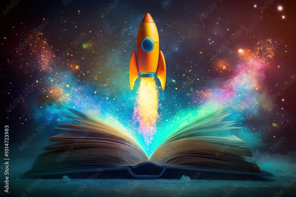 Naklejka premium Rocket Launch from Open Book with Vibrant Colors