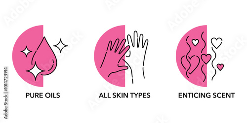 Massage oil properties pink icons set, thin line, semicircular shapes