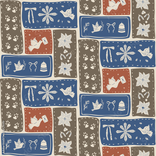 Seamless pattern with festive holiday elements. Doves, snowflakes, candles and gifts in blue and white color scheme. Blocks folk winter surface pattern design. Vector hand drawn illustration.