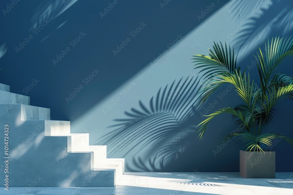 3D render of a minimalistic interior design, featuring blue and white colors. The stairs are on the right side of the composition, and a shadow from a palm tree is cast on the wall
