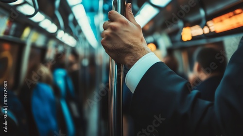 A man's hand grips a metal pole on a subway train. photo