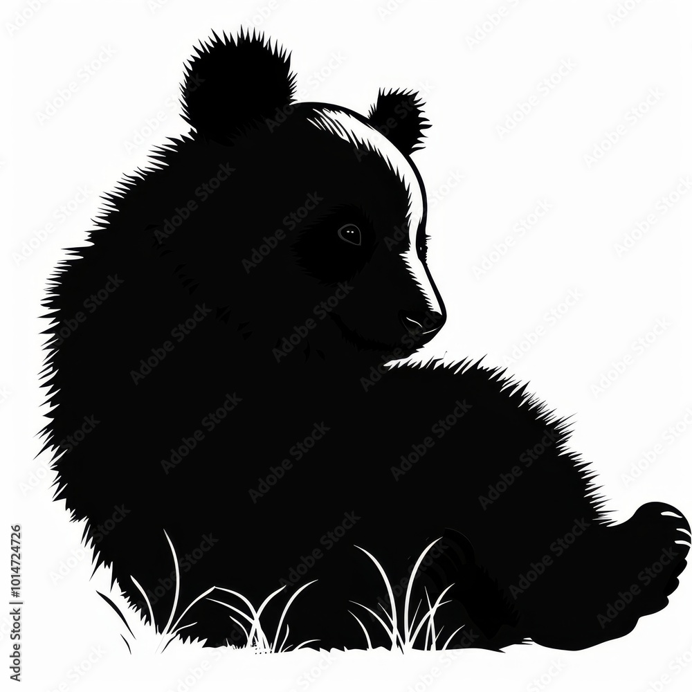Adorable black and white vector illustration of a baby panda sitting in grass, perfect for nature and wildlife-themed designs.