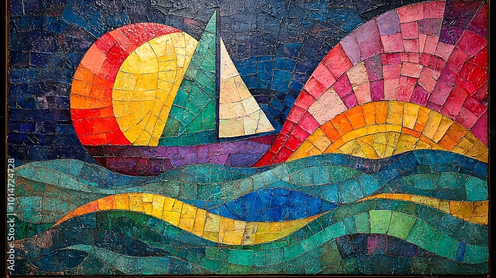 Fototapeta premium Abstract Sailing Boat on Wavy Ocean Colors