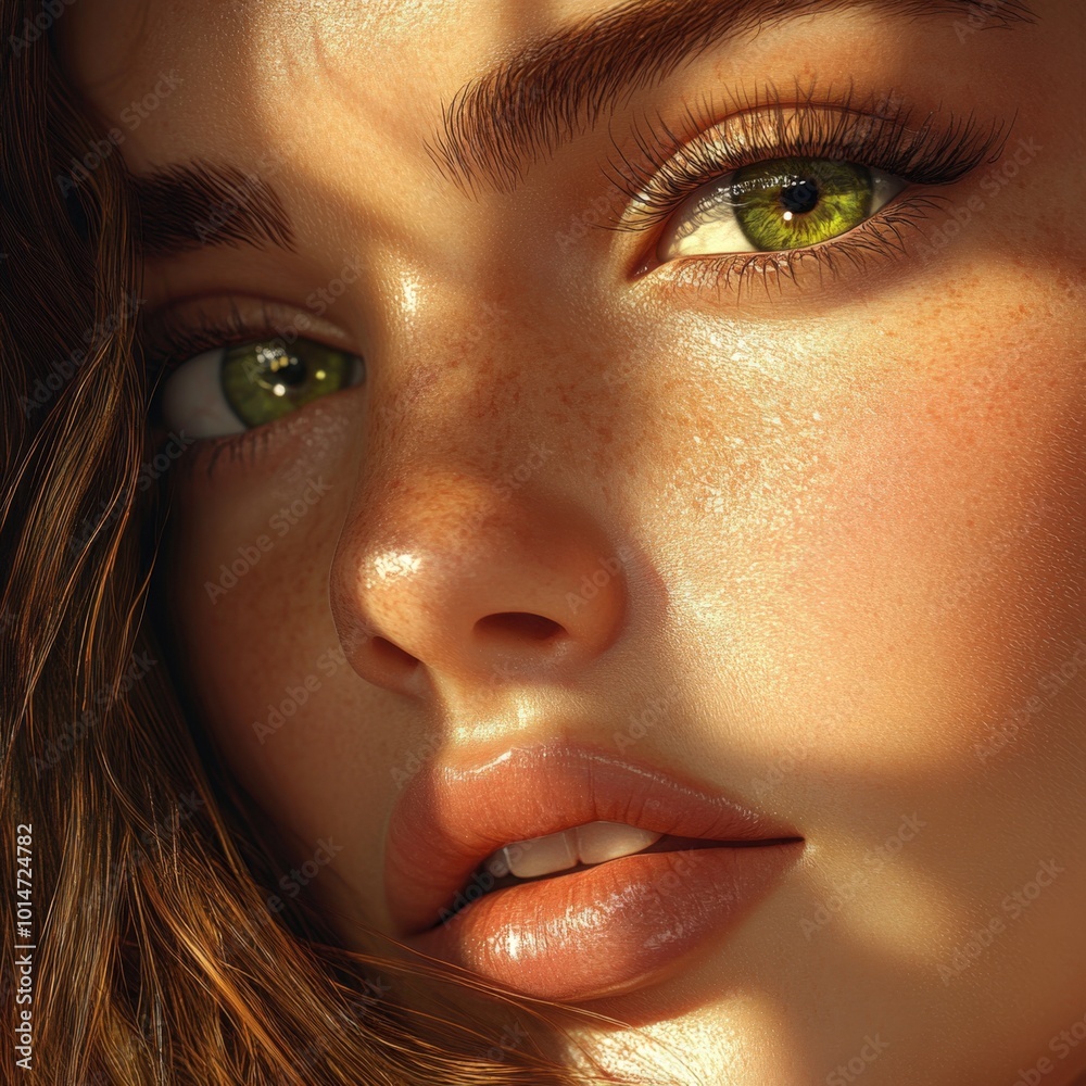 Naklejka premium Captivating portrait of a young woman showcasing vivid green eyes and natural beauty