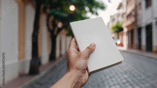 A hand holding novel book with blank cover under blurred street background for copy space of mock up, 3D model, rendering & presentation.