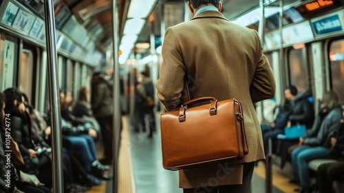 A man in a suit on a subway train.