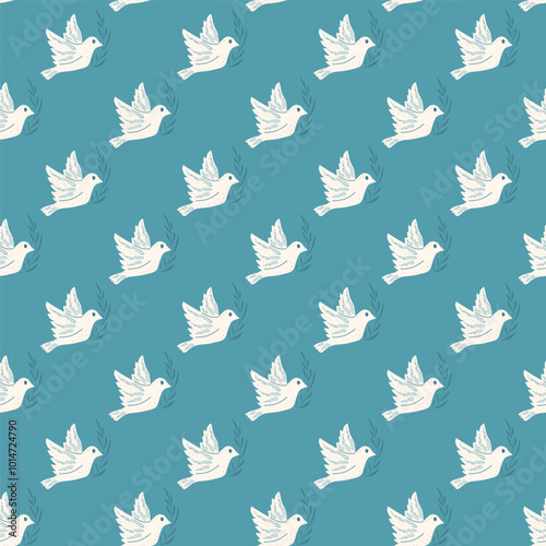 Simple dove of peace seamless pattern. Flying pigeon holding an olive branch on sky repeat background. Surface pattern design calm birds motif. Vector hand drawn flat illustration.